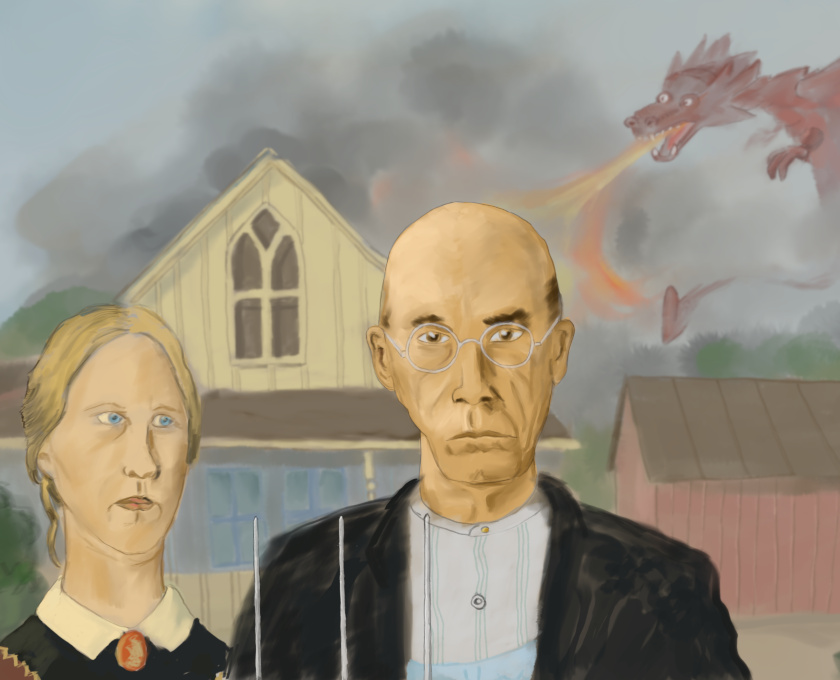 Couverture du jeu, représentant le couple du tableau American Gothic ignorant un dragon qui détruit leur ferme.